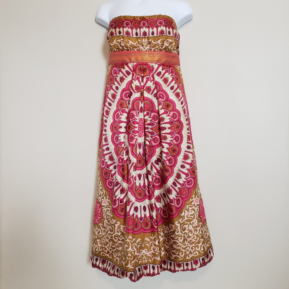 Nicole Miller Sz 4 Silk Strapless Maxi Dress Pink Yellow Empire Waist Resort